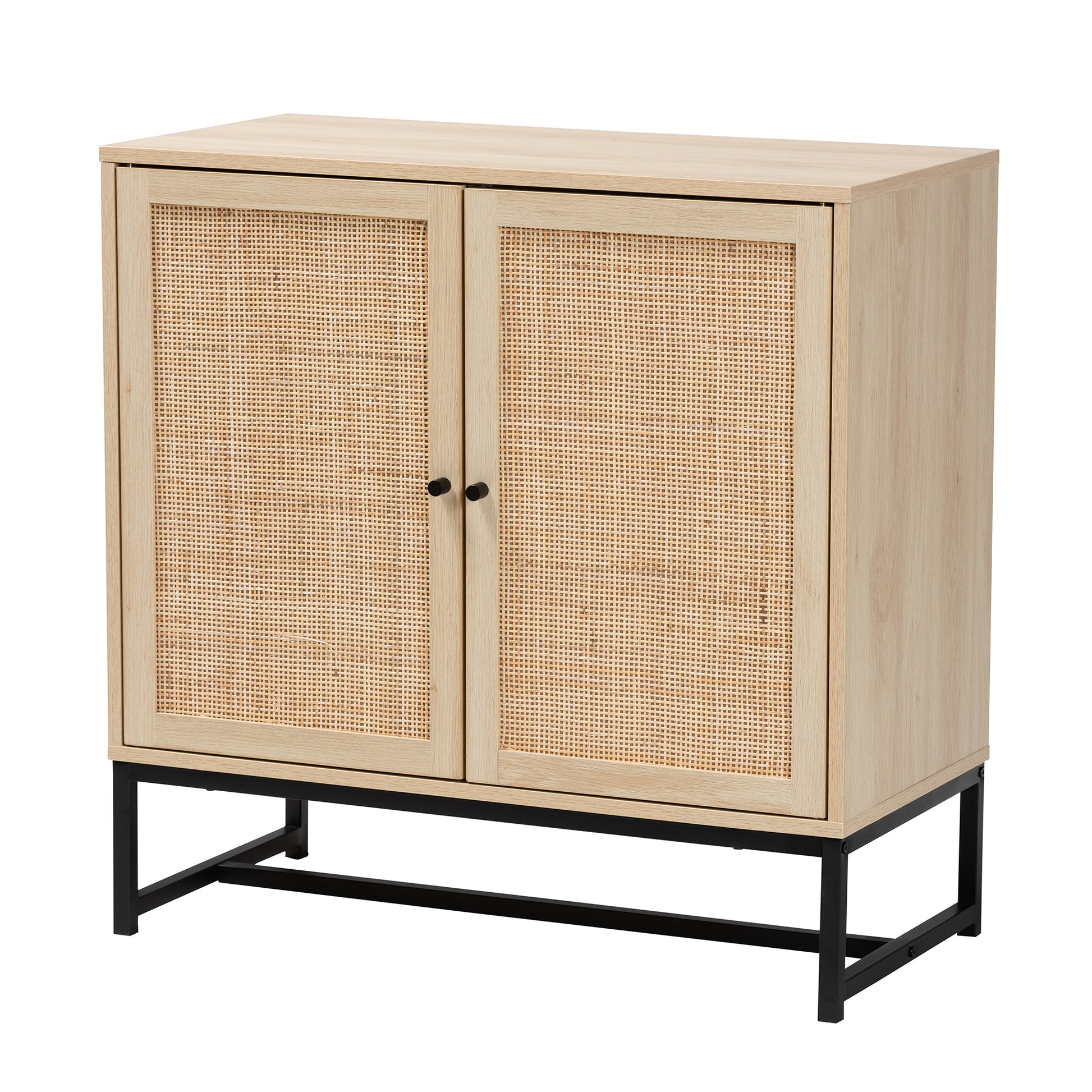 Baxton Studio Caterina Mid-Century Modern Transitional Natural Brown Finished Wood and Natural Rattan 2-Door Storage Cabinet | Cabinets | Modishstore - 2