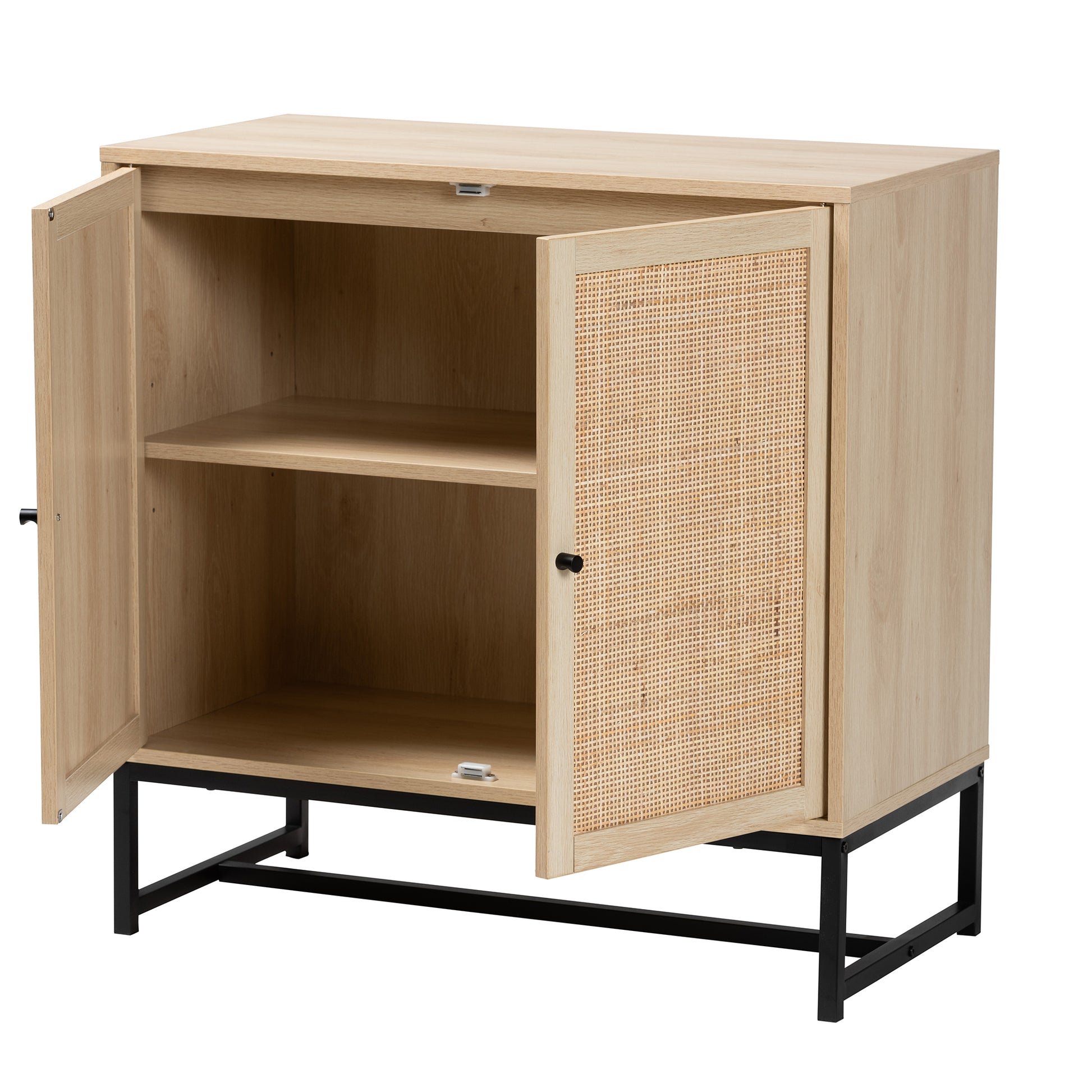 Baxton Studio Caterina Mid-Century Modern Transitional Natural Brown Finished Wood and Natural Rattan 2-Door Storage Cabinet | Cabinets | Modishstore - 3