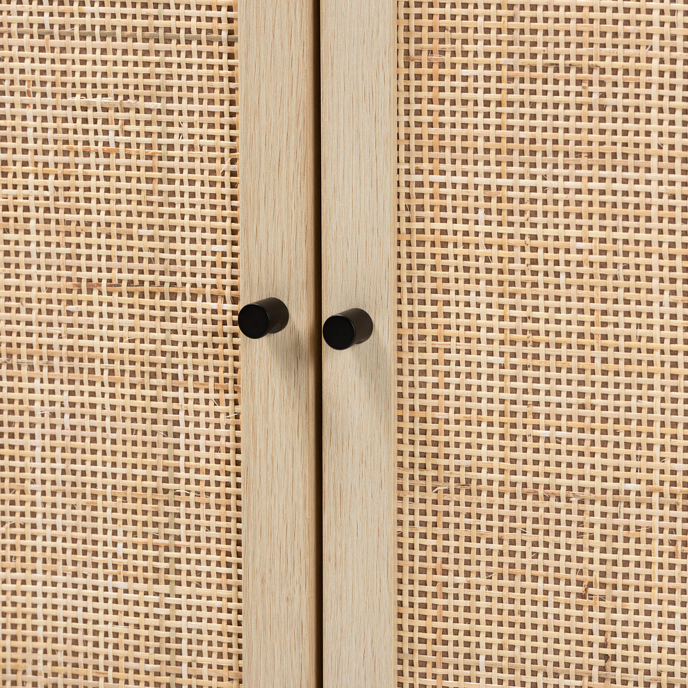 Baxton Studio Caterina Mid-Century Modern Transitional Natural Brown Finished Wood and Natural Rattan 2-Door Storage Cabinet | Cabinets | Modishstore - 6