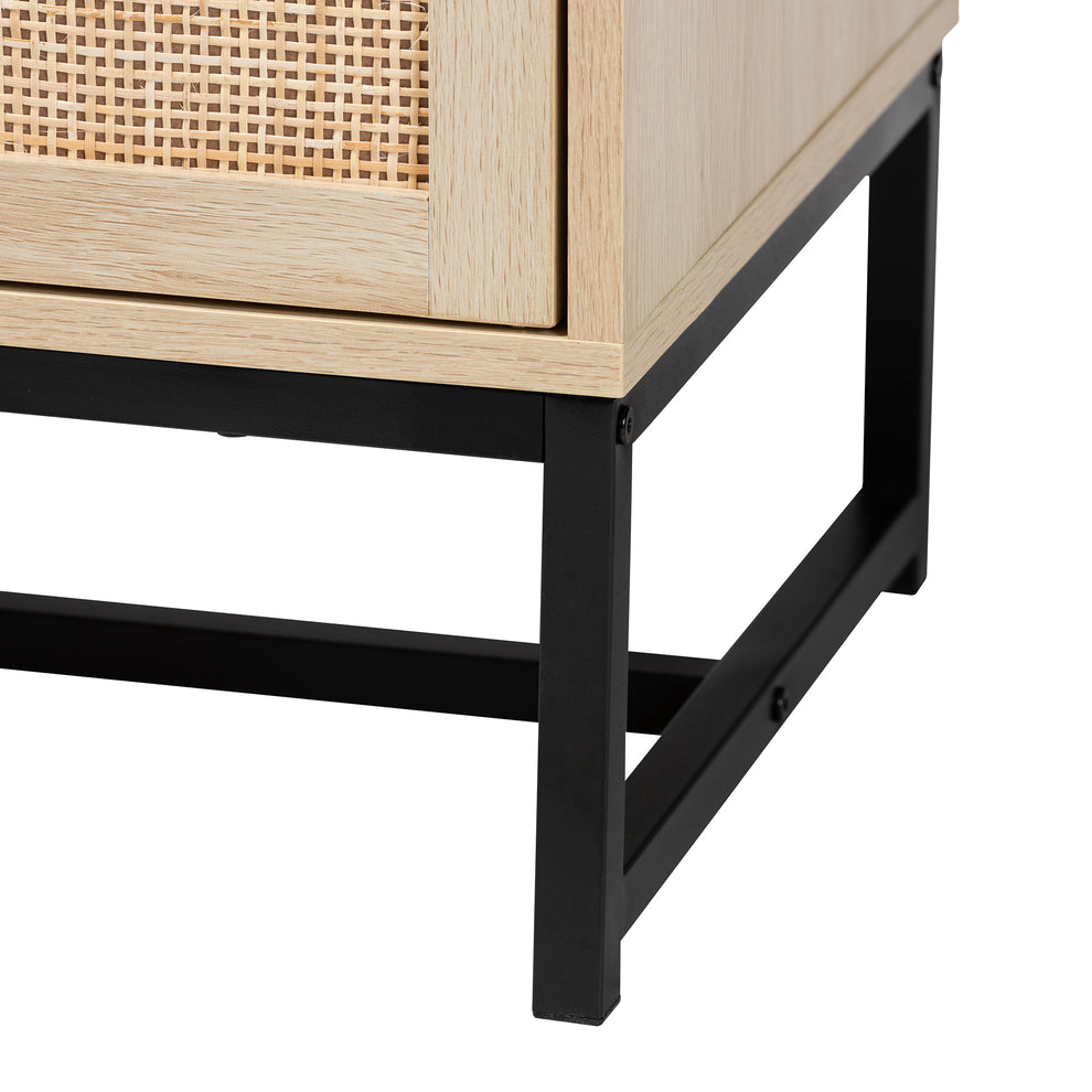 Baxton Studio Caterina Mid-Century Modern Transitional Natural Brown Finished Wood and Natural Rattan 2-Door Storage Cabinet | Cabinets | Modishstore - 7