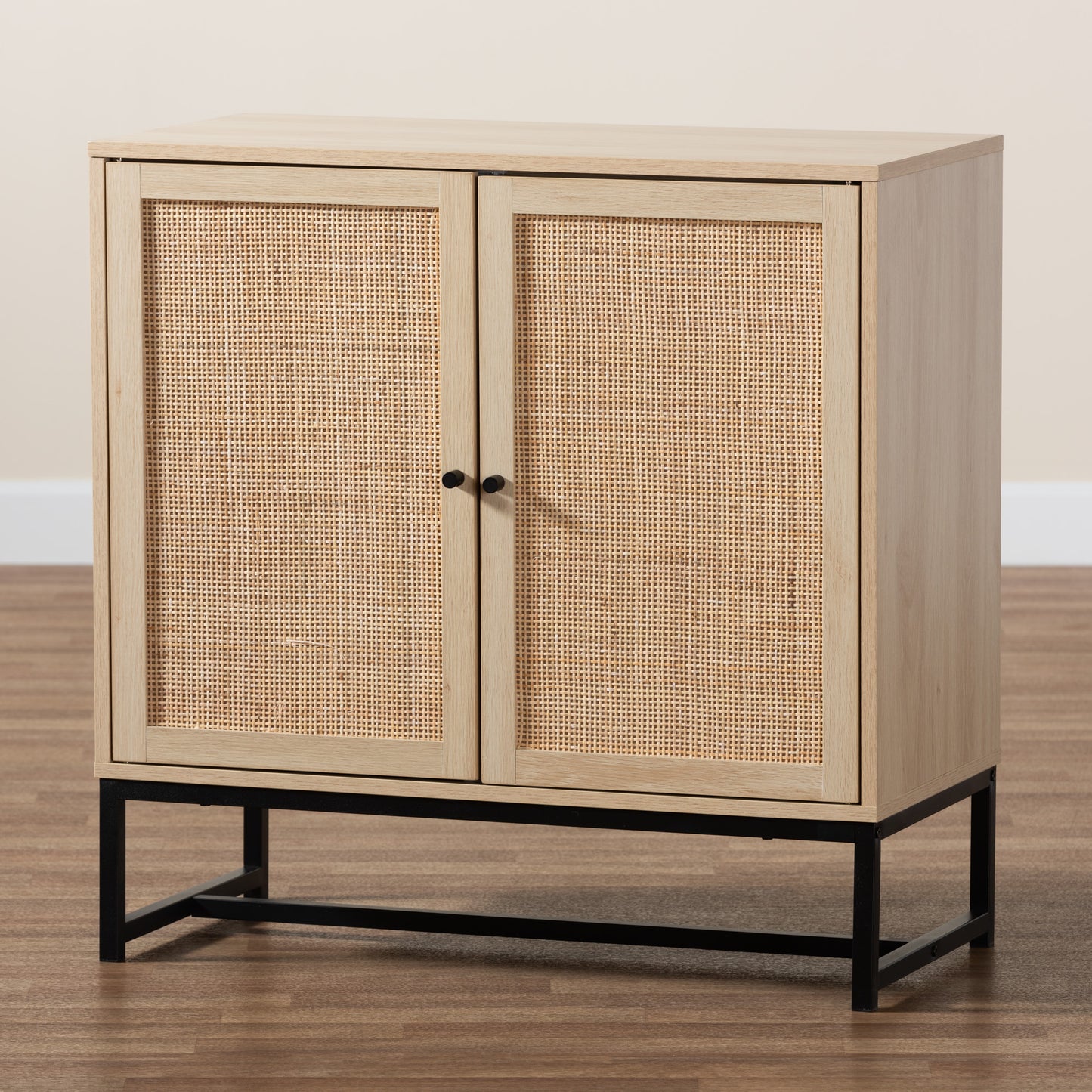 Baxton Studio Caterina Mid-Century Modern Transitional Natural Brown Finished Wood and Natural Rattan 2-Door Storage Cabinet | Cabinets | Modishstore - 9