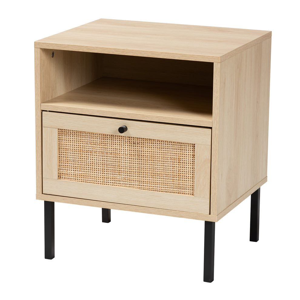Baxton Studio Caterina Mid-Century Modern Transitional Natural Brown Finished Wood and Natural Rattan 1-Door End Table | Cabinets | Modishstore - 4