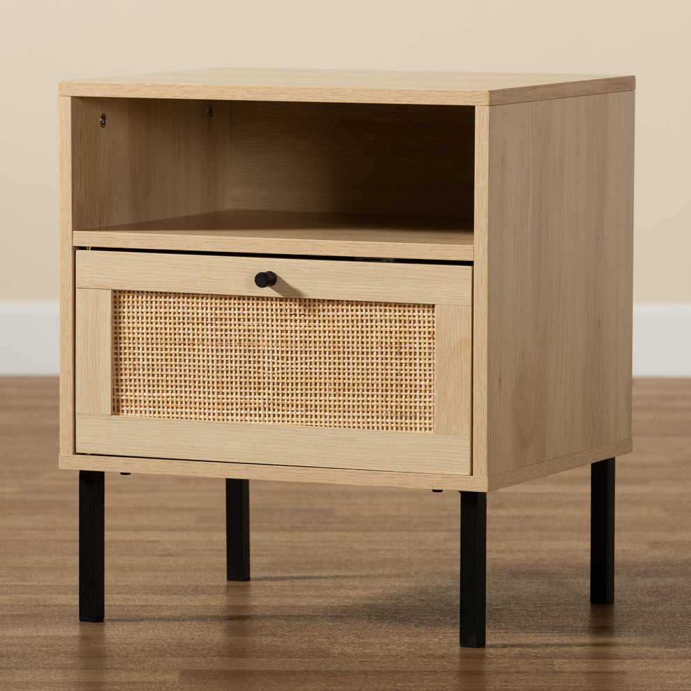 Baxton Studio Caterina Mid-Century Modern Transitional Natural Brown Finished Wood and Natural Rattan 1-Door End Table | Cabinets | Modishstore - 2