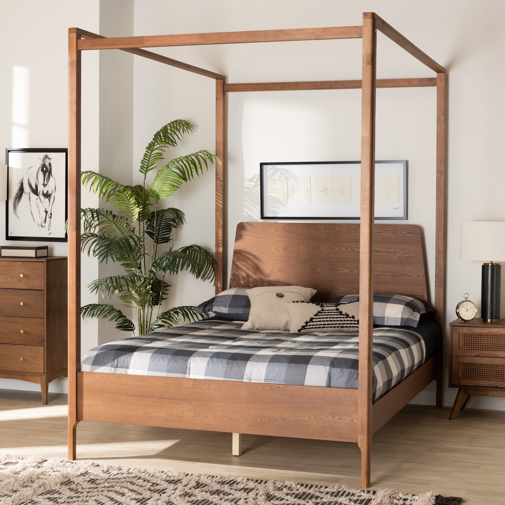 Baxton Studio Roman Classic and Traditional Ash Walnut Finished Wood Queen Size Canopy Bed | Beds | Modishstore