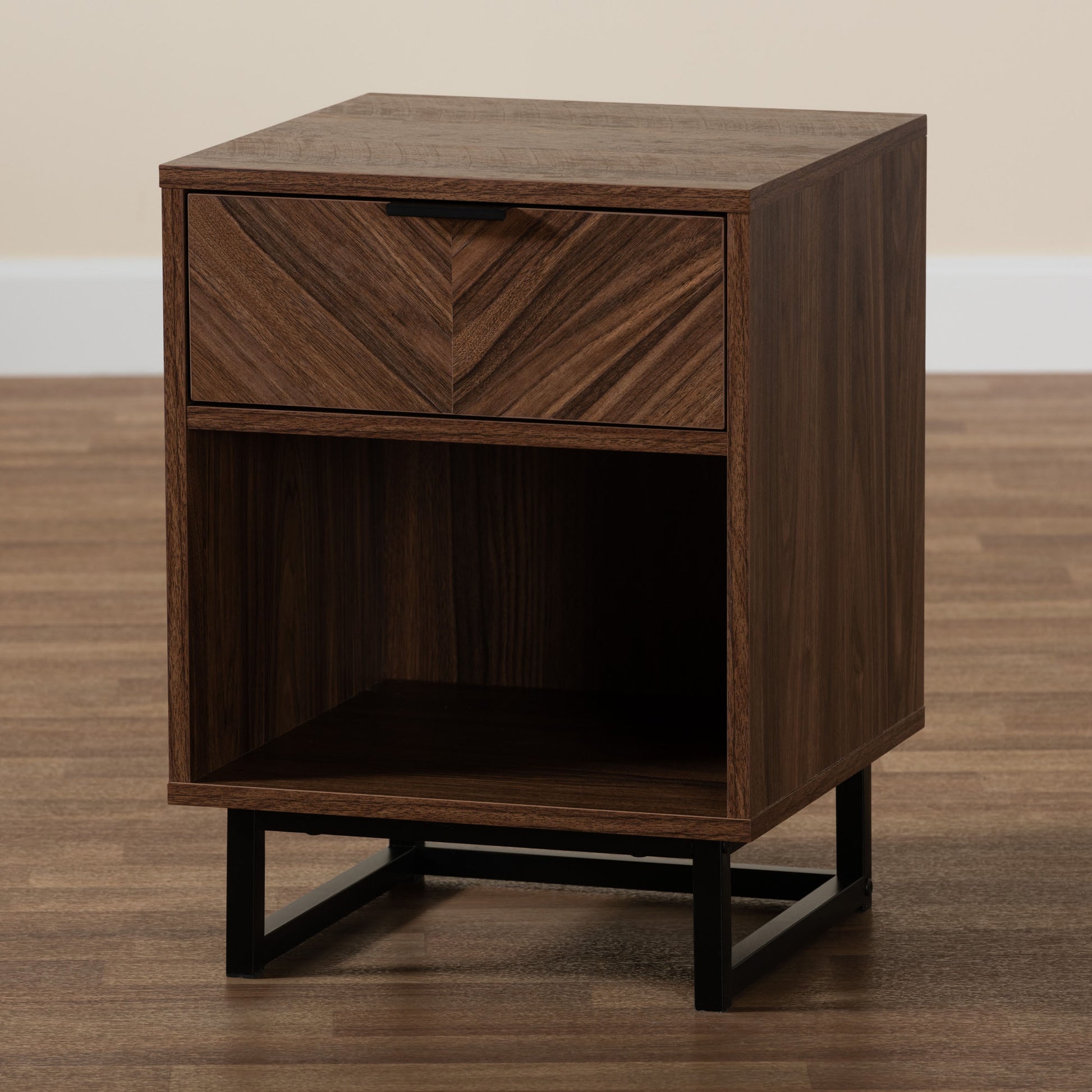 Baxton Studio Sadia Modern Walnut Brown Finished Wood and Black Metal 1-Drawer End Table | End Tables | Modishstore - 9