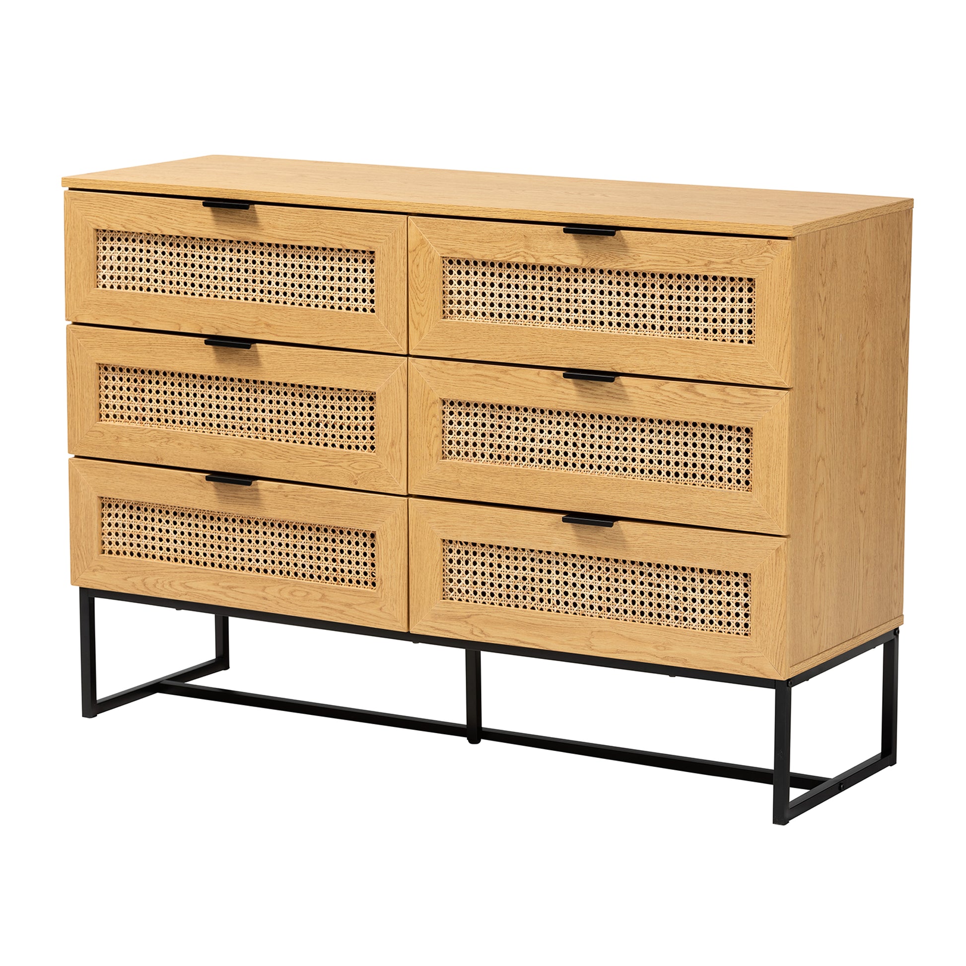 Baxton Studio Sawyer Mid-Century Modern Industrial Oak Brown Finished Wood and Black Metal 6-Drawer Storage Cabinet with Natural Rattan | Cabinets | Modishstore - 2