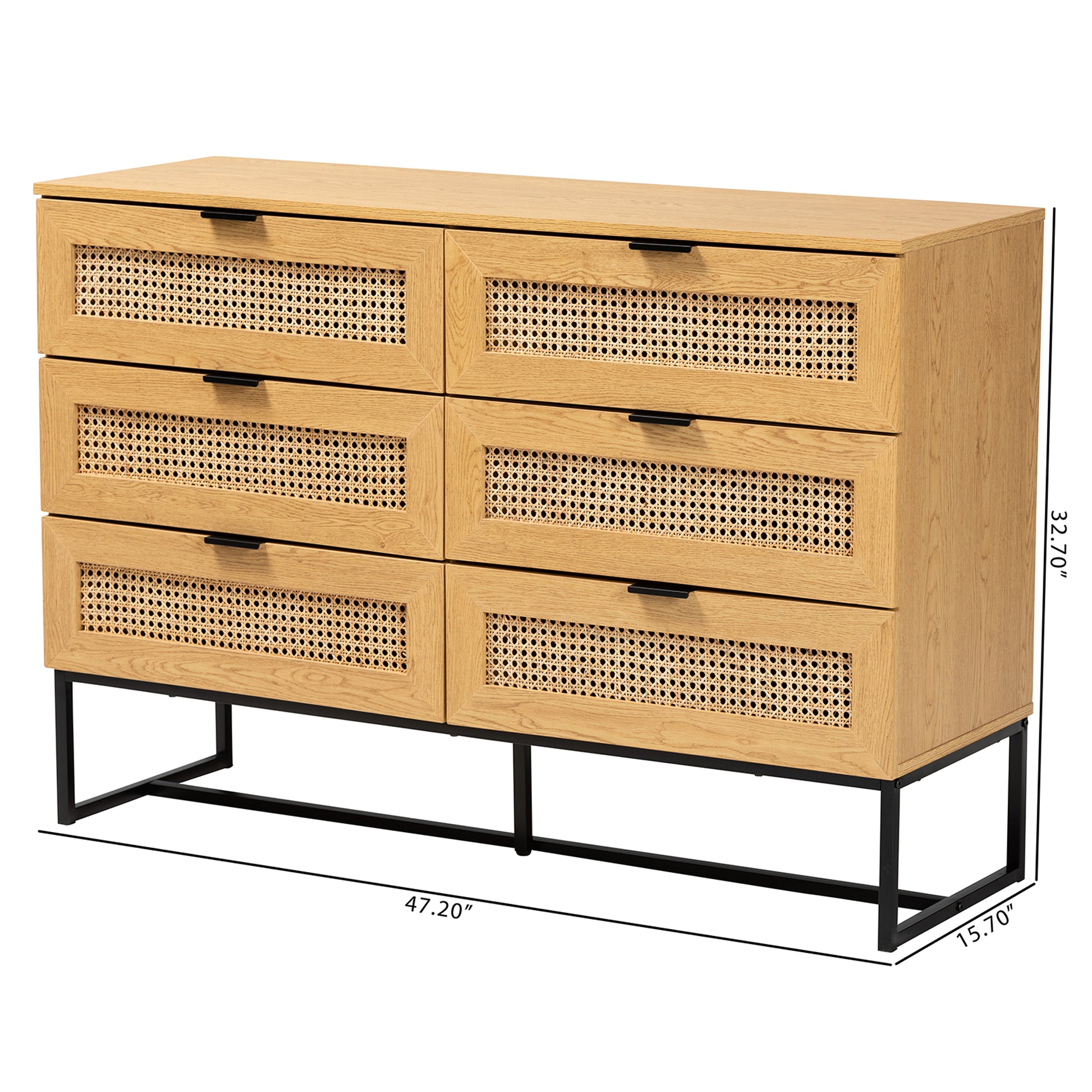 Baxton Studio Sawyer Mid-Century Modern Industrial Oak Brown Finished Wood and Black Metal 6-Drawer Storage Cabinet with Natural Rattan | Cabinets | Modishstore - 10