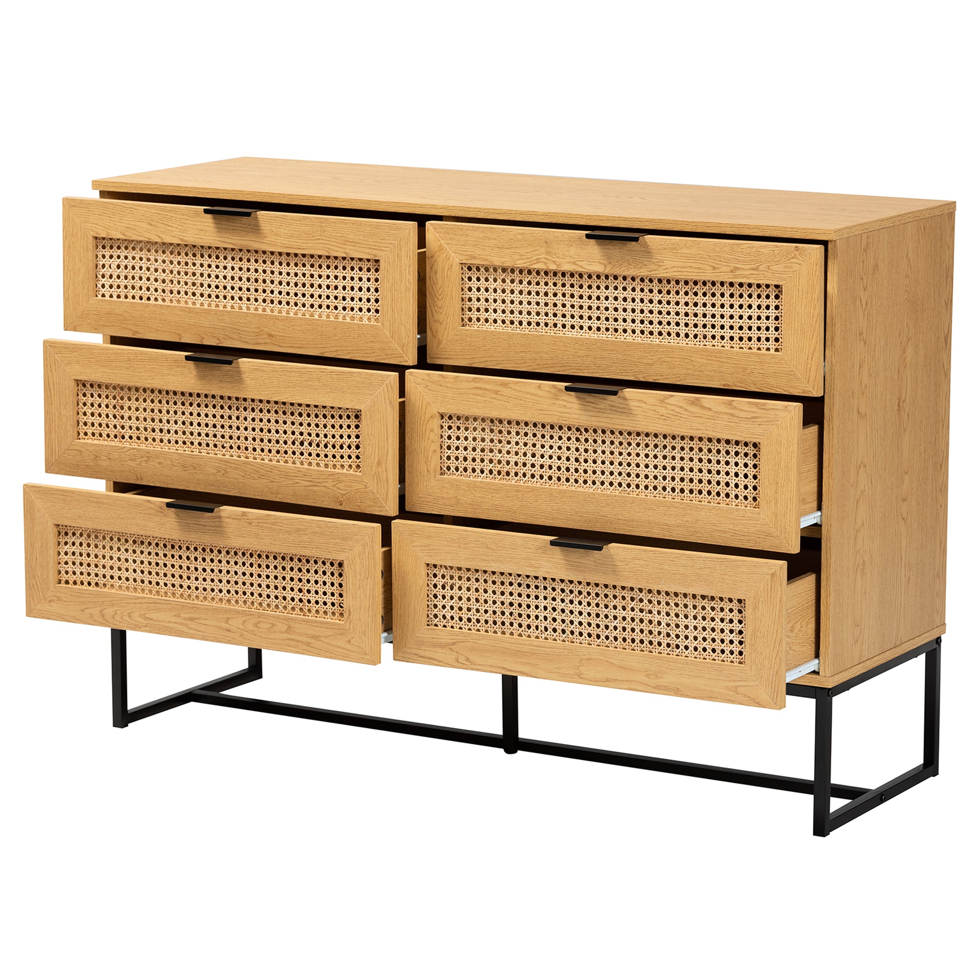 Baxton Studio Sawyer Mid-Century Modern Industrial Oak Brown Finished Wood and Black Metal 6-Drawer Storage Cabinet with Natural Rattan | Cabinets | Modishstore - 3