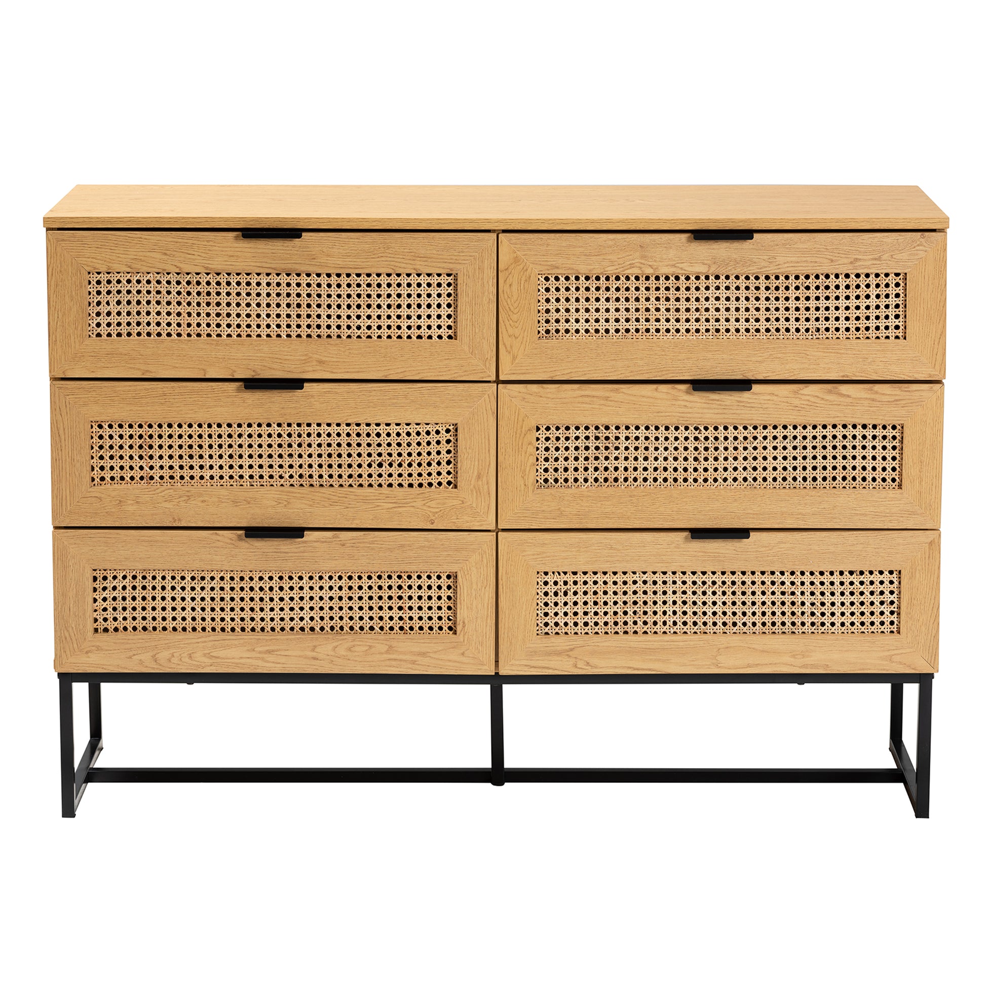 Baxton Studio Sawyer Mid-Century Modern Industrial Oak Brown Finished Wood and Black Metal 6-Drawer Storage Cabinet with Natural Rattan | Cabinets | Modishstore - 4