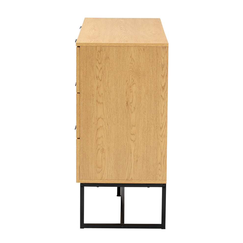 Baxton Studio Sawyer Mid-Century Modern Industrial Oak Brown Finished Wood and Black Metal 6-Drawer Storage Cabinet with Natural Rattan | Cabinets | Modishstore - 5