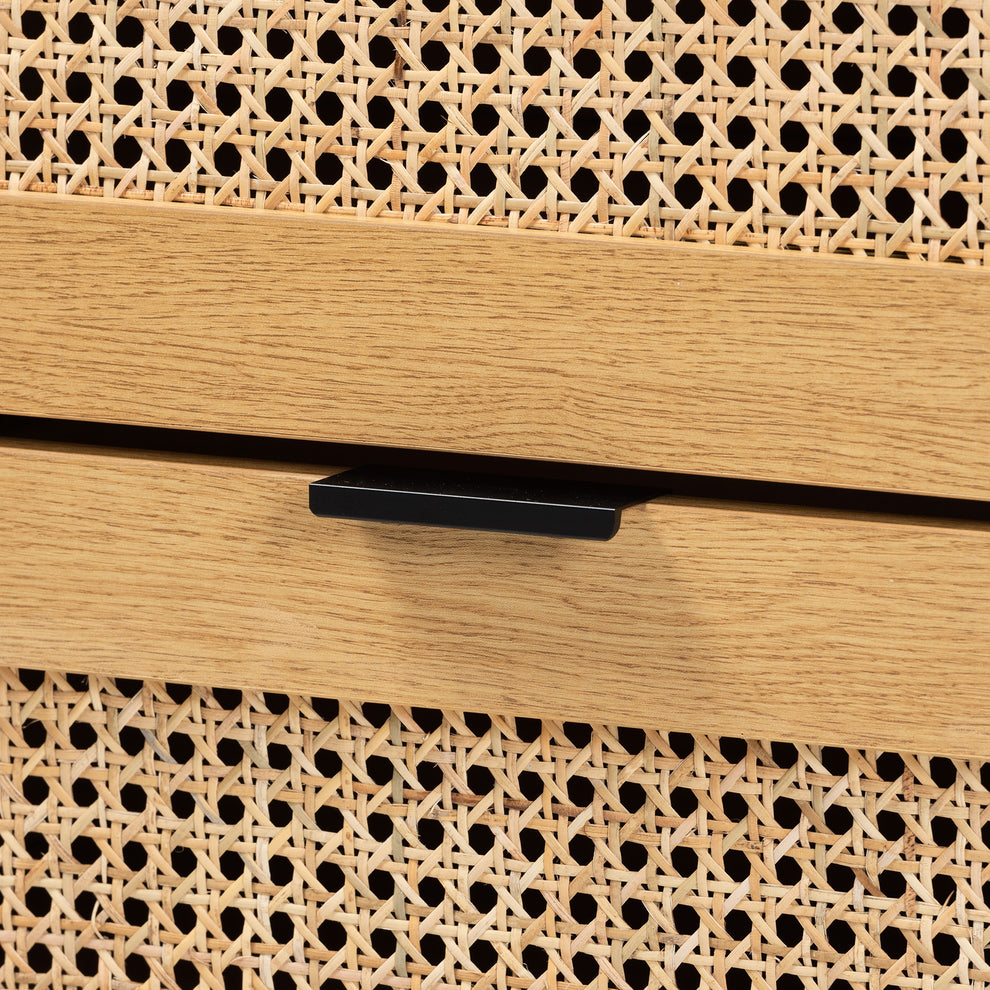 Baxton Studio Sawyer Mid-Century Modern Industrial Oak Brown Finished Wood and Black Metal 6-Drawer Storage Cabinet with Natural Rattan | Cabinets | Modishstore - 6