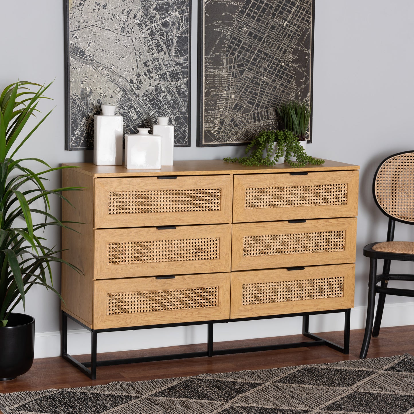 Baxton Studio Sawyer Mid-Century Modern Industrial Oak Brown Finished Wood and Black Metal 6-Drawer Storage Cabinet with Natural Rattan | Cabinets | Modishstore