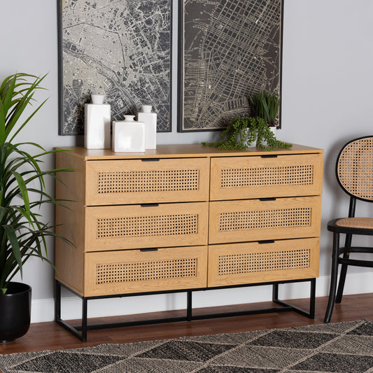 Baxton Studio Sawyer Mid-Century Modern Industrial Oak Brown Finished Wood and Black Metal 6-Drawer Storage Cabinet with Natural Rattan | Cabinets | Modishstore