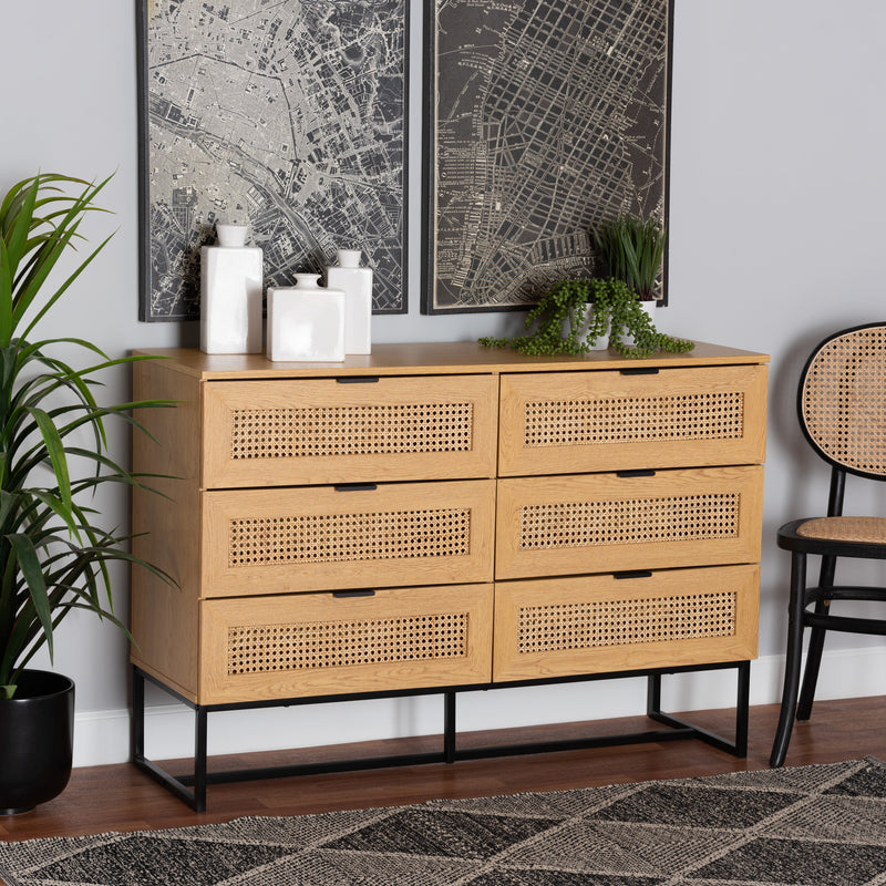Baxton Studio Sawyer Mid-Century Modern Industrial Oak Brown Finished Wood and Black Metal 6-Drawer Storage Cabinet with Natural Rattan | Cabinets | Modishstore