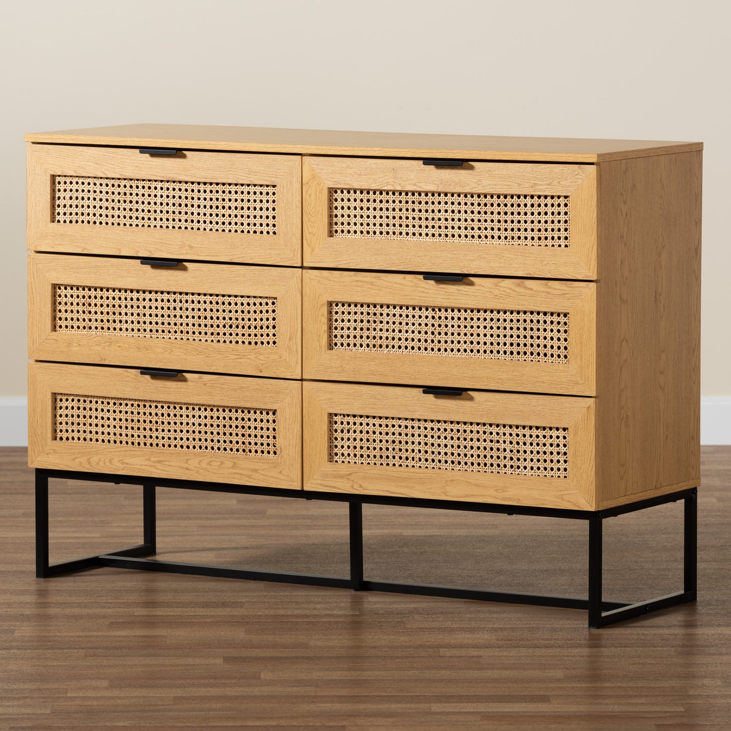 Baxton Studio Sawyer Mid-Century Modern Industrial Oak Brown Finished Wood and Black Metal 6-Drawer Storage Cabinet with Natural Rattan | Cabinets | Modishstore - 9