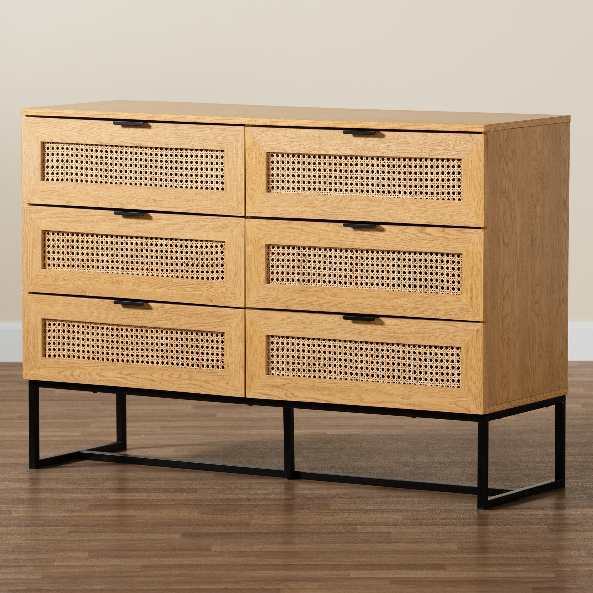 Baxton Studio Sawyer Mid-Century Modern Industrial Oak Brown Finished Wood and Black Metal 6-Drawer Storage Cabinet with Natural Rattan | Cabinets | Modishstore - 9