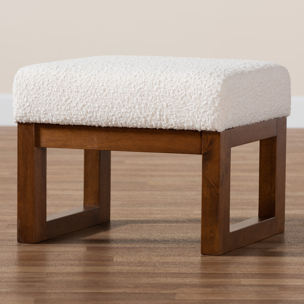 Baxton Studio Yashiya Mid-Century Modern Off-White Boucle Upholstered and Walnut Brown Finished Wood Ottoman Footstool | Ottomans | Modishstore - 7