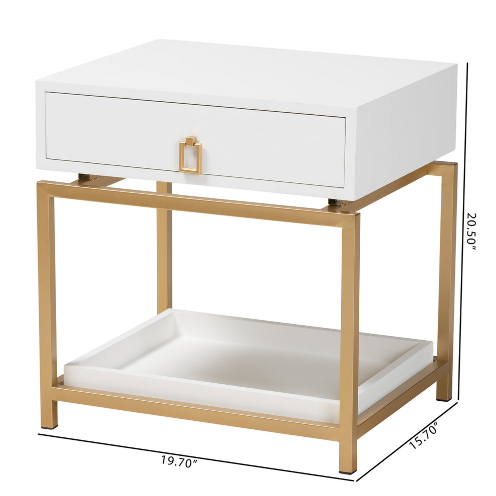 Baxton Studio Melosa Modern Glam and Luxe White Finished Wood and Gold Metal 1-Drawer End Table | Cabinets | Modishstore - 3
