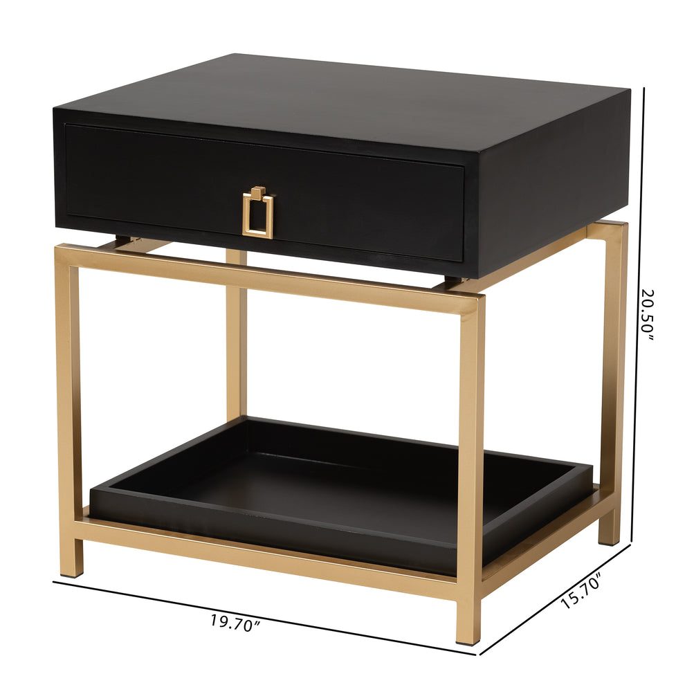 Baxton Studio Melosa Modern Glam and Luxe Black Finished Wood and Gold Metal 1-Drawer End Table | Cabinets | Modishstore - 3