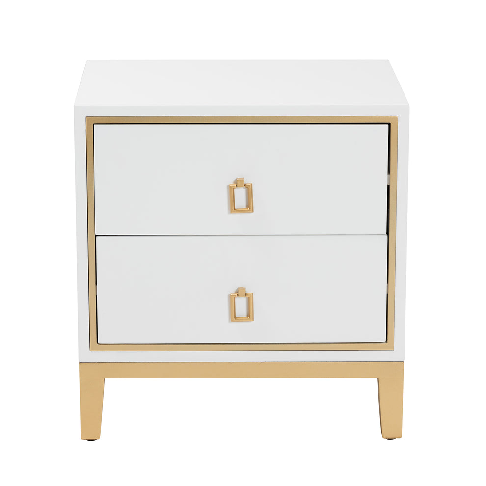 Baxton Studio Donald Modern Glam and Luxe White Finished Wood and Gold Metal 2-Drawer End Table | End Tables | Modishstore - 4
