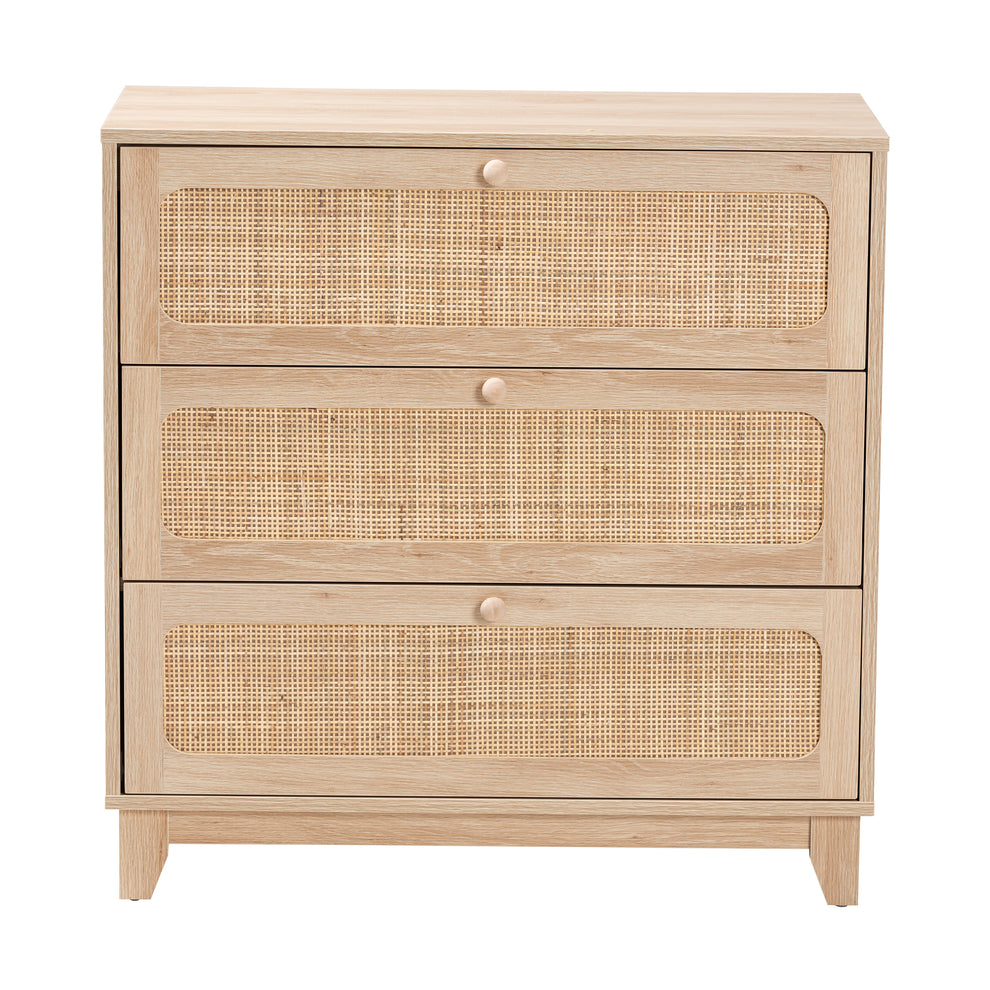 Baxton Studio Elsbeth Japandi Oak Brown Finished Wood and Natural Rattan 3-Drawer Storage Cabinet | Cabinets | Modishstore - 4