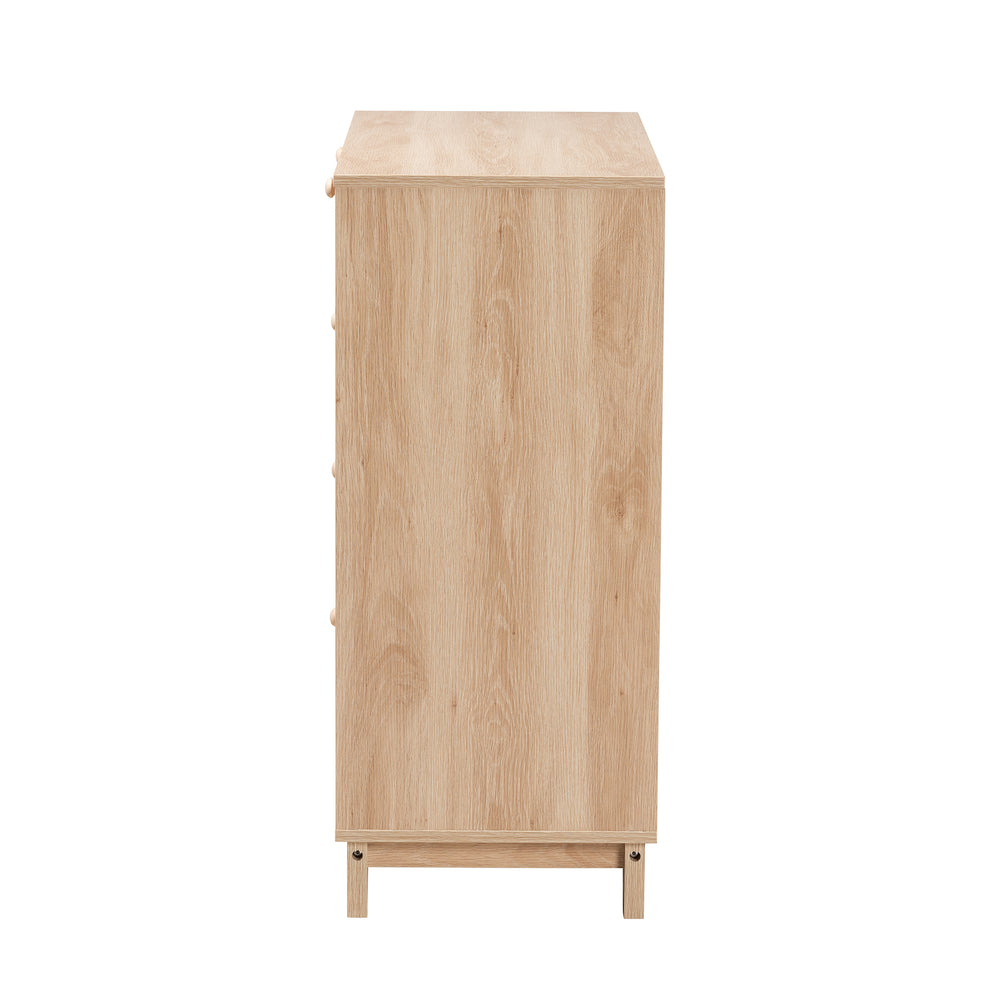 Baxton Studio Elsbeth Mid-Century Modern Oak Brown Finished Wood and Natural Rattan 5-Drawer Storage Cabinet | Cabinets | Modishstore - 7