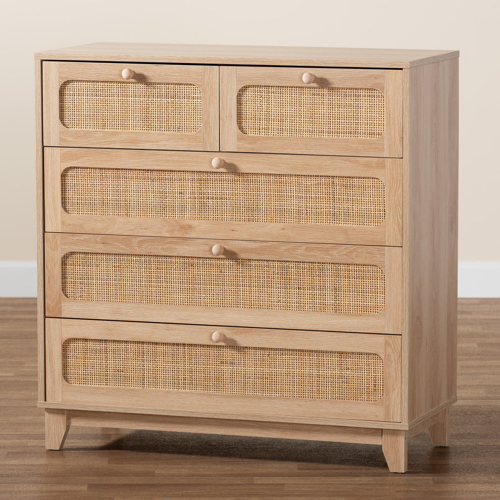 Baxton Studio Elsbeth Mid-Century Modern Oak Brown Finished Wood and Natural Rattan 5-Drawer Storage Cabinet | Cabinets | Modishstore - 2