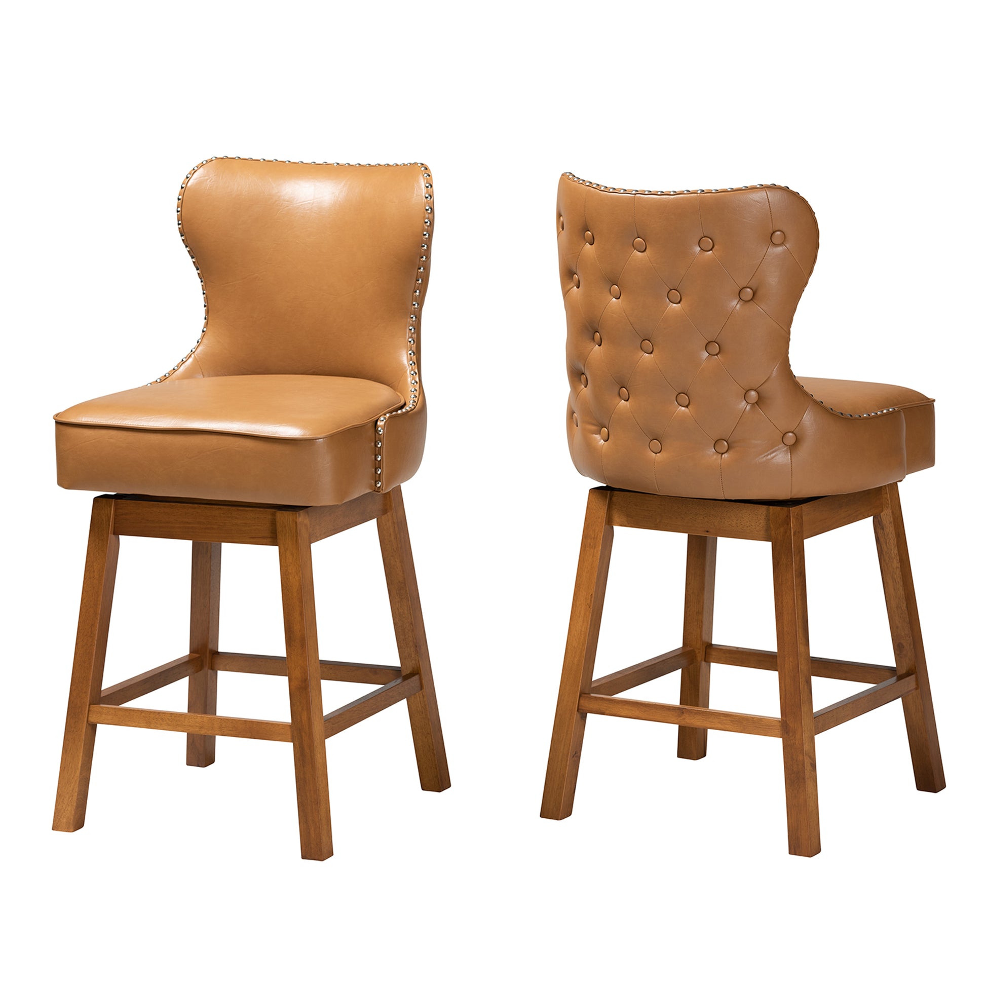 Baxton Studio Gradisca Modern Tan Faux Leather and Walnut Brown Finished Wood 2-Piece Swivel Counter Stool Set | Counter Stools | Modishstore - 4