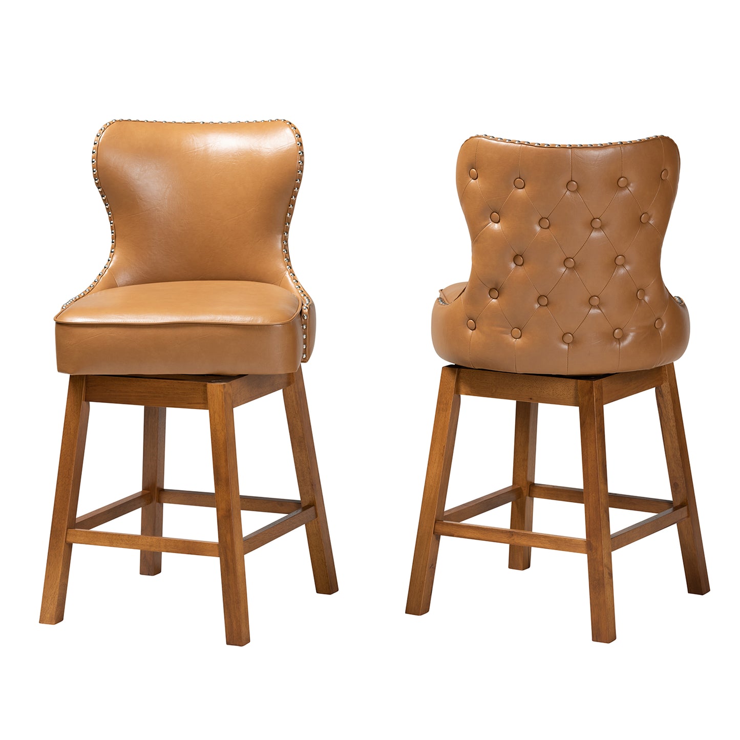Baxton Studio Gradisca Modern Tan Faux Leather and Walnut Brown Finished Wood 2-Piece Swivel Counter Stool Set | Counter Stools | Modishstore - 5