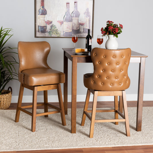Baxton Studio Gradisca Modern Tan Faux Leather and Walnut Brown Finished Wood 2-Piece Swivel Counter Stool Set | Counter Stools | Modishstore