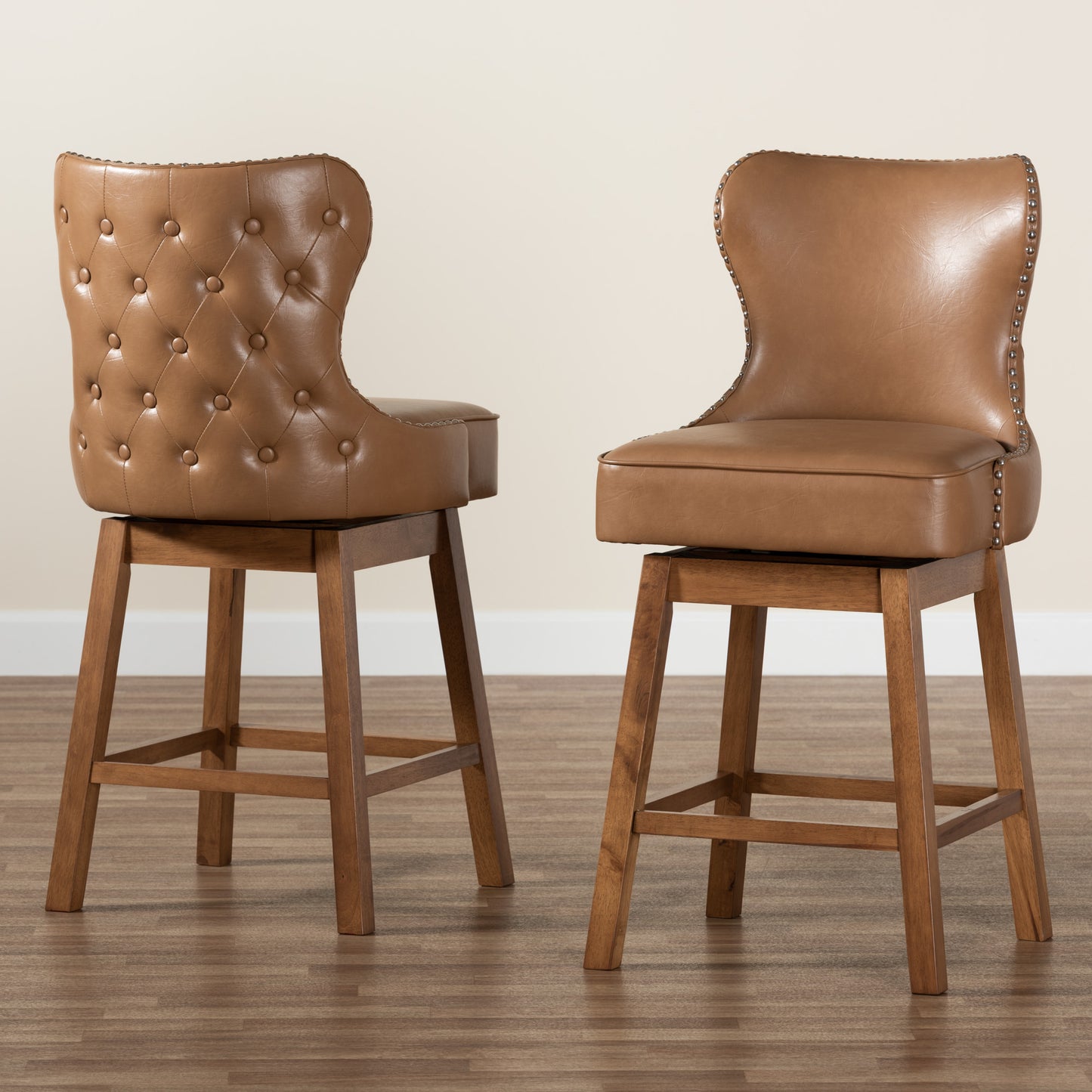 Baxton Studio Gradisca Modern Tan Faux Leather and Walnut Brown Finished Wood 2-Piece Swivel Counter Stool Set | Counter Stools | Modishstore - 2
