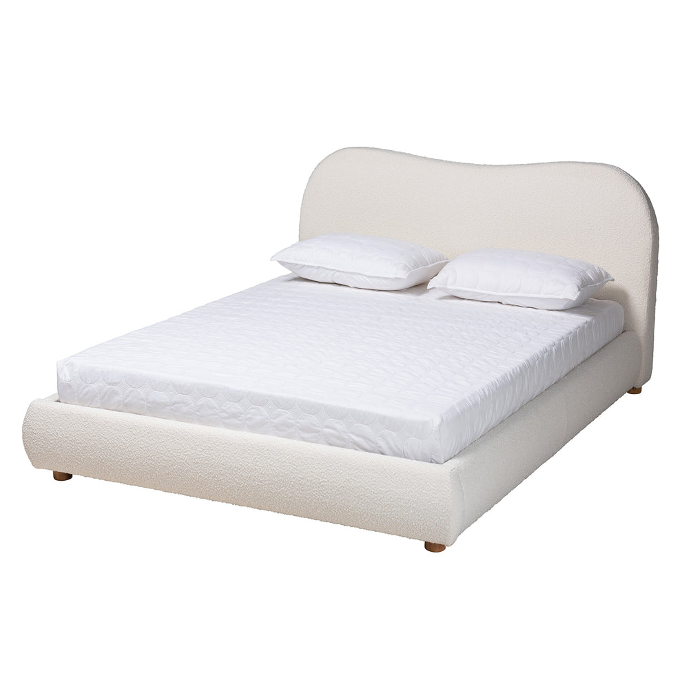 Baxton Studio Maya Mid-Century Modern Cream Boucle Fabric and Oak Brown Finished Wood Queen Size Platform Bed | Beds | Modishstore - 2