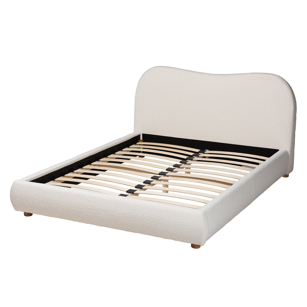 Baxton Studio Maya Mid-Century Modern Cream Boucle Fabric and Oak Brown Finished Wood Queen Size Platform Bed | Beds | Modishstore - 4