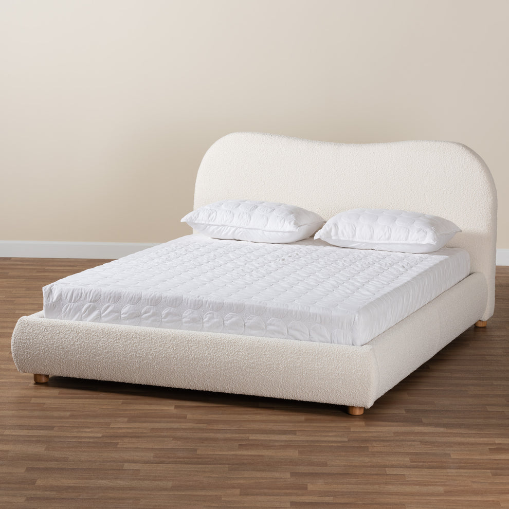 Baxton Studio Maya Mid-Century Modern Cream Boucle Fabric and Oak Brown Finished Wood Queen Size Platform Bed | Beds | Modishstore - 9