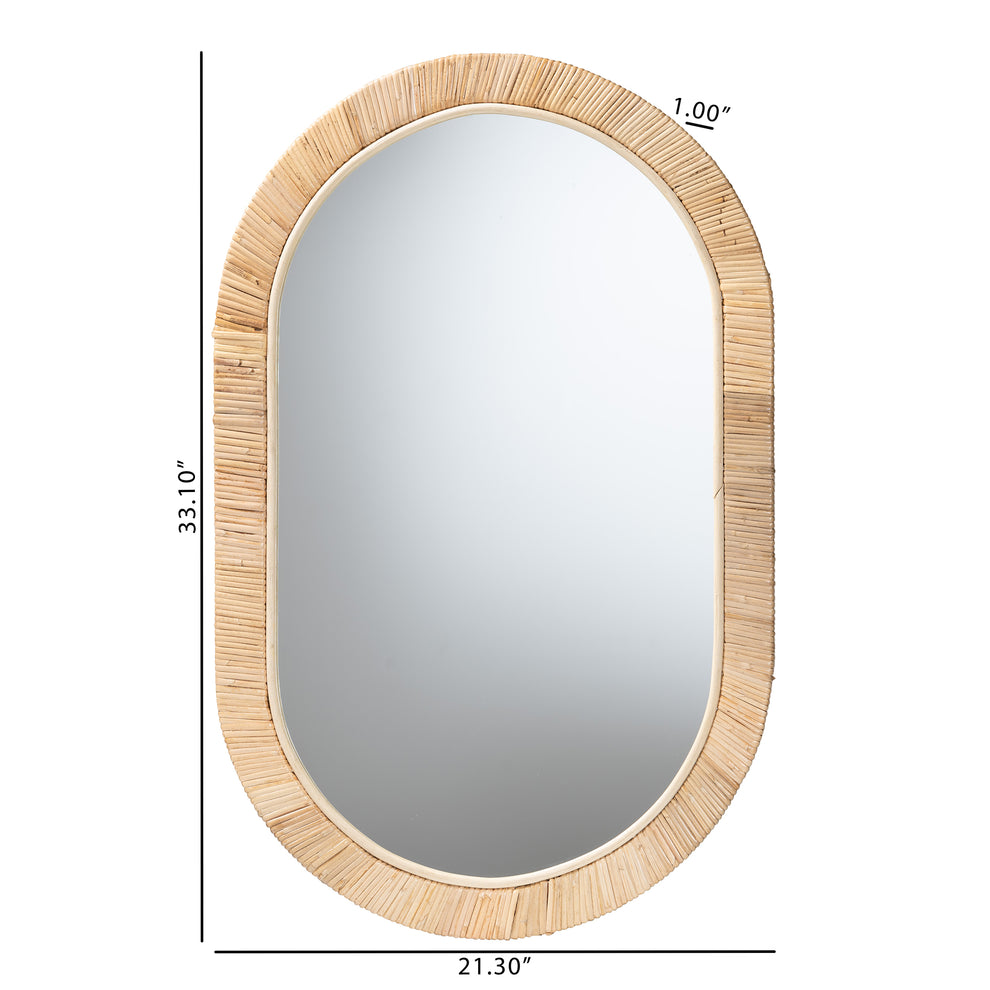 Baxton Studio bali & pari Bella Modern Bohemian Natural Brown Mahognay Wood and Natural Rattan Oval Mirror | Mirrors | Modishstore - 4