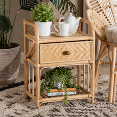 Baxton Studio bali & pari Kobie Modern Bohemian Natural Brown Rattan 1-Drawer Nightstand