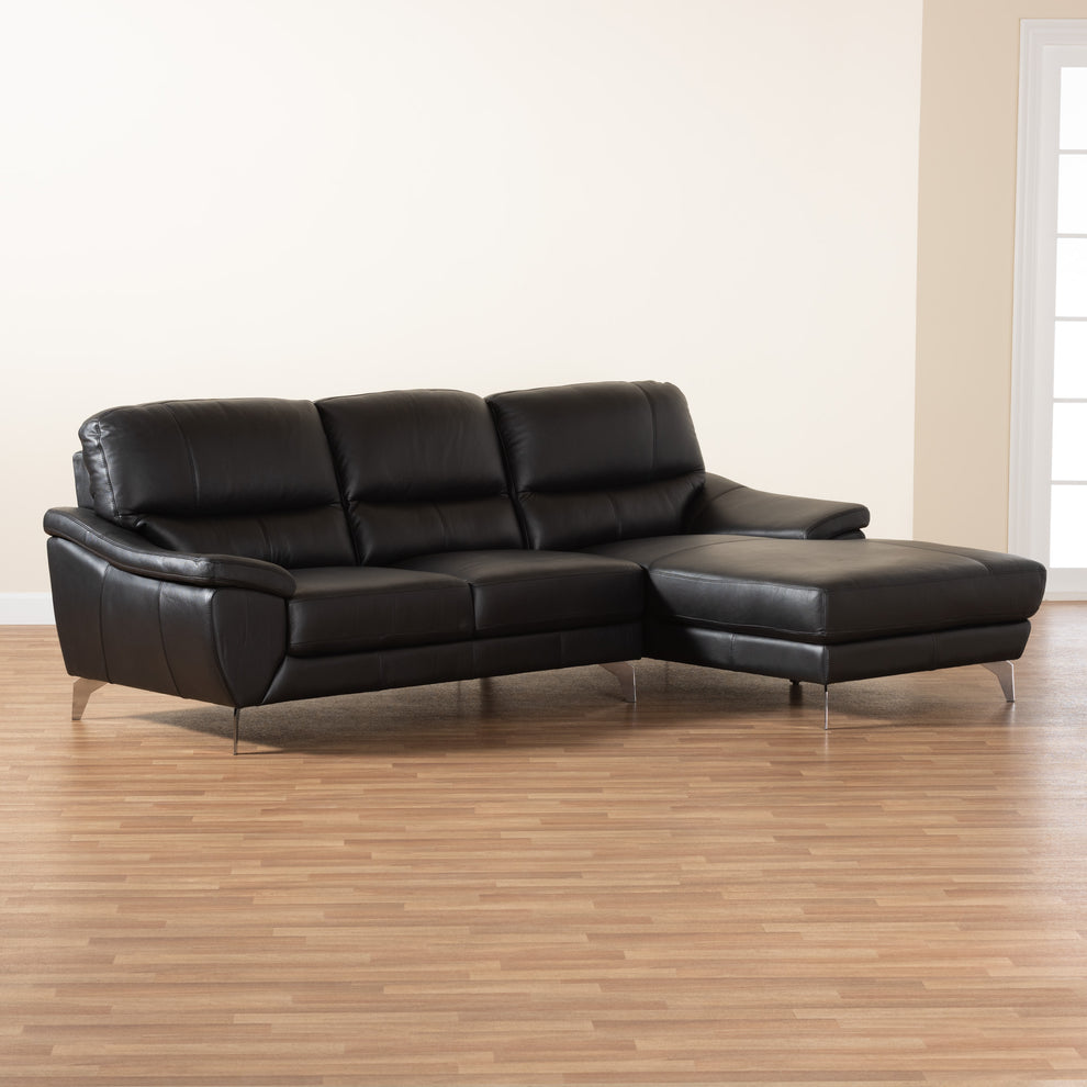 Baxton Studio Townsend Modern Black Full Leather Sectional Sofa with Right Facing Chaise | Sectional | Modishstore - 6