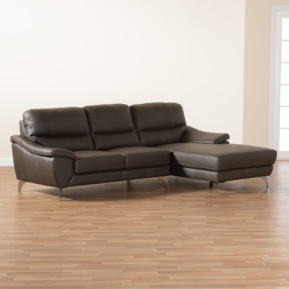 Baxton Studio Townsend Modern Brown Full Leather Sectional Sofa with Right Facing Chaise | Sectional | Modishstore - 6