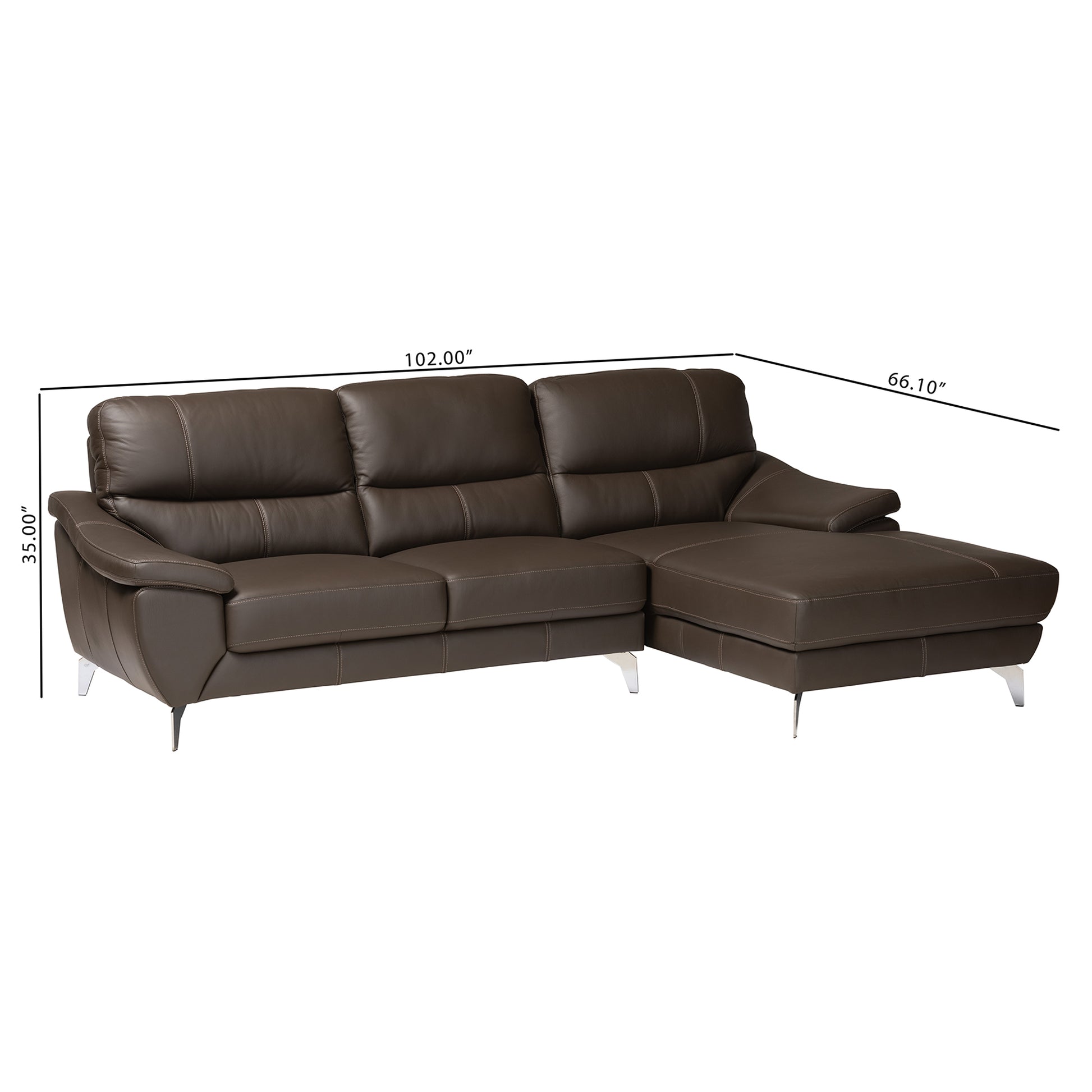 Baxton Studio Townsend Modern Brown Full Leather Sectional Sofa with Right Facing Chaise | Sectional | Modishstore - 7