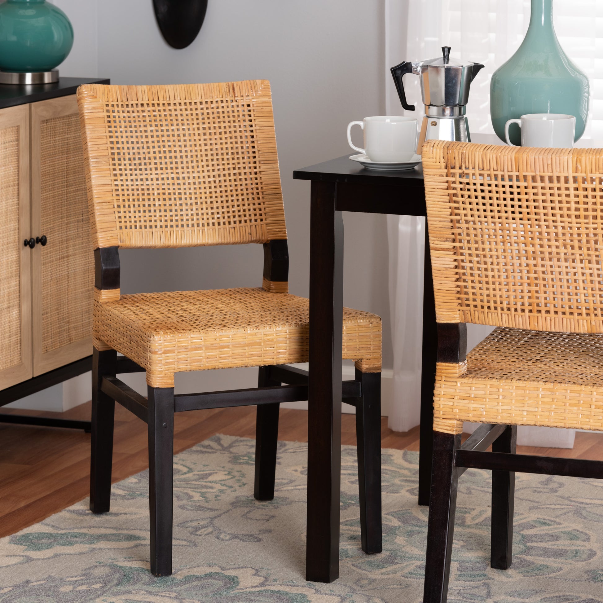 Baxton Studio bali & pari Lesia Modern Bohemian Natural Brown Rattan and Espresso Brown Mahogany Wood Dining Chair | Dining Chairs | Modishstore