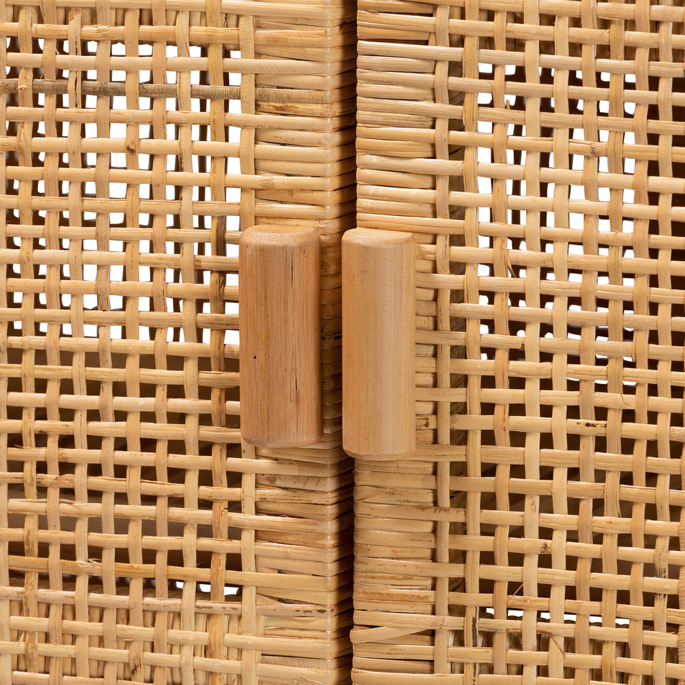 Baxton Studio bali & pari Vivan Modern Bohemian Natural Brown Rattan and Mahogany Wood 3-Shelf Storage Cabinet | Cabinets | Modishstore - 7