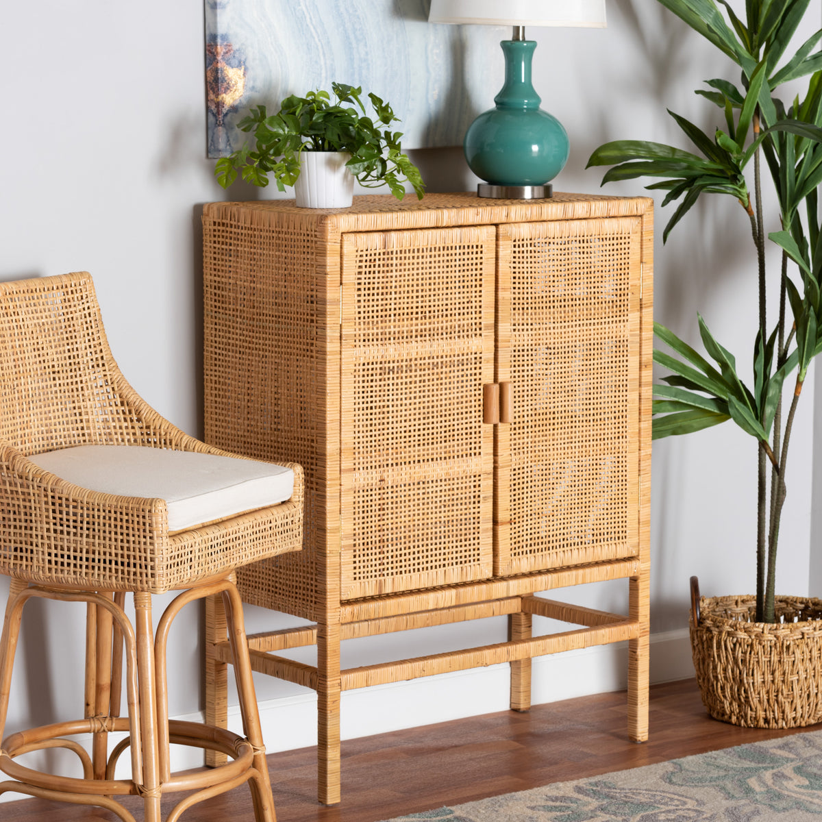 Baxton Studio bali & pari Vivan Modern Bohemian Natural Brown Rattan and Mahogany Wood 3-Shelf Storage Cabinet | Cabinets | Modishstore