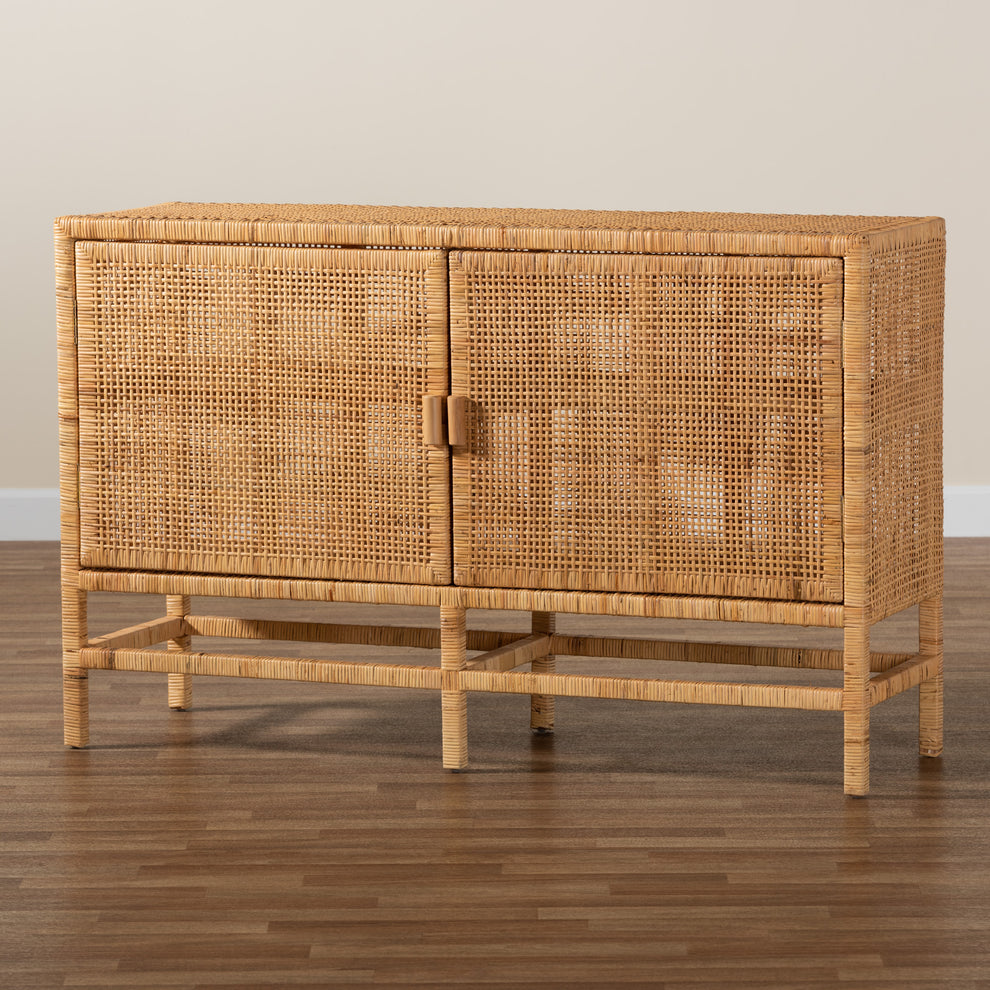 Baxton Studio bali & pari Vivan Modern Bohemian Natural Brown Rattan and Mahogany Wood Storage Cabinet | Cabinets | Modishstore - 9