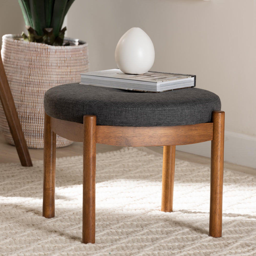 Baxton Studio Iliana Japandi Dark Grey Fabric and Walnut Brown Finished Wood Ottoman Footstool | Ottomans | Modishstore