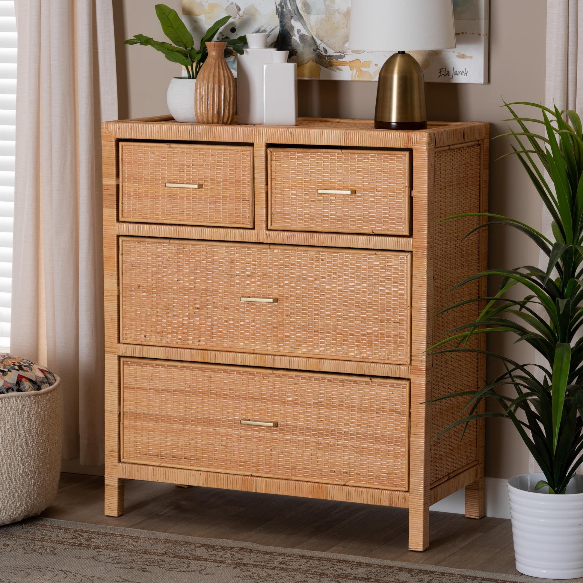 Baxton Studio bali & pari Vaere Modern Bohemian Natural Brown Rattan and Mahogany Wood Storage Cabinet | Cabinets | Modishstore