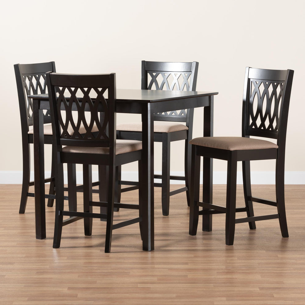 Baxton Studio Florencia Modern Beige Fabric and Espresso Brown Finished Wood 5-Piece Pub Set | Bar Stools & Table | Modishstore - 2