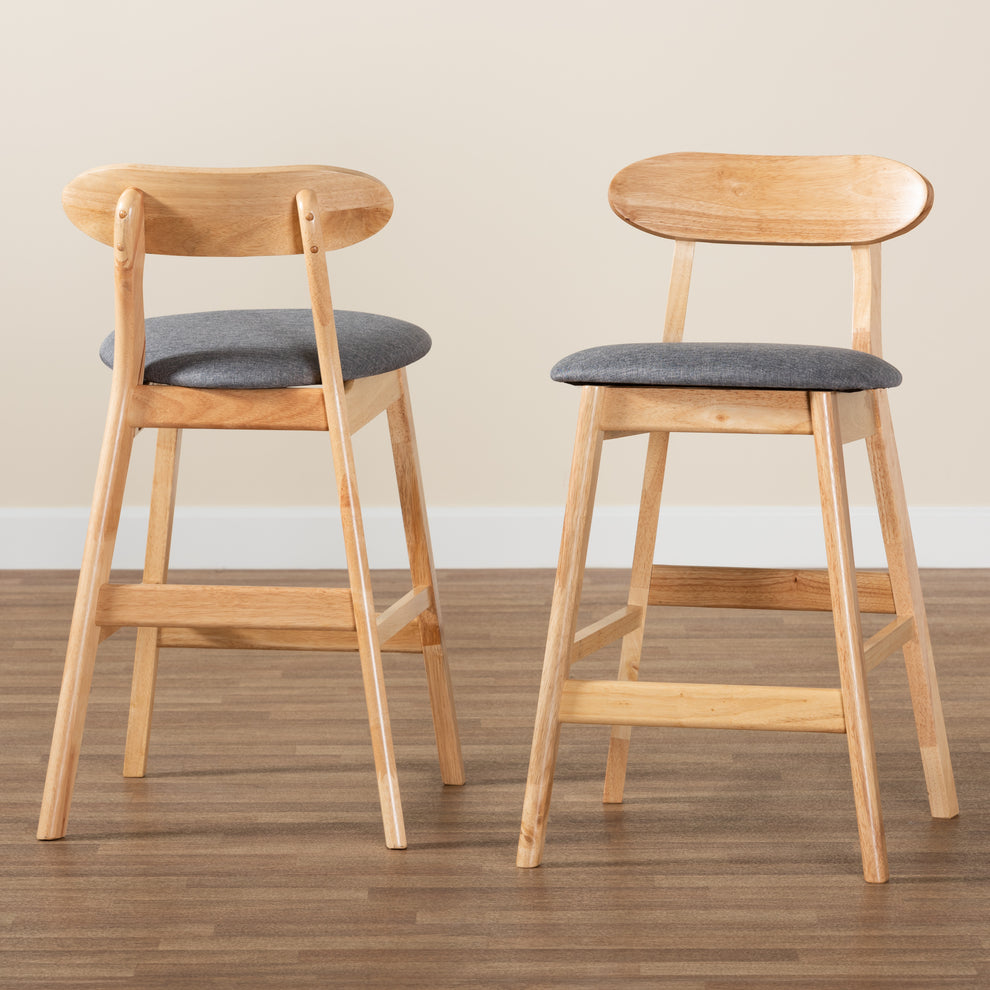 Baxton Studio Ulyana Mid-Century Modern Grey Fabric and Natural Brown Finished Wood 2-Piece Counter Stool Set | Counter Stools | Modishstore - 9