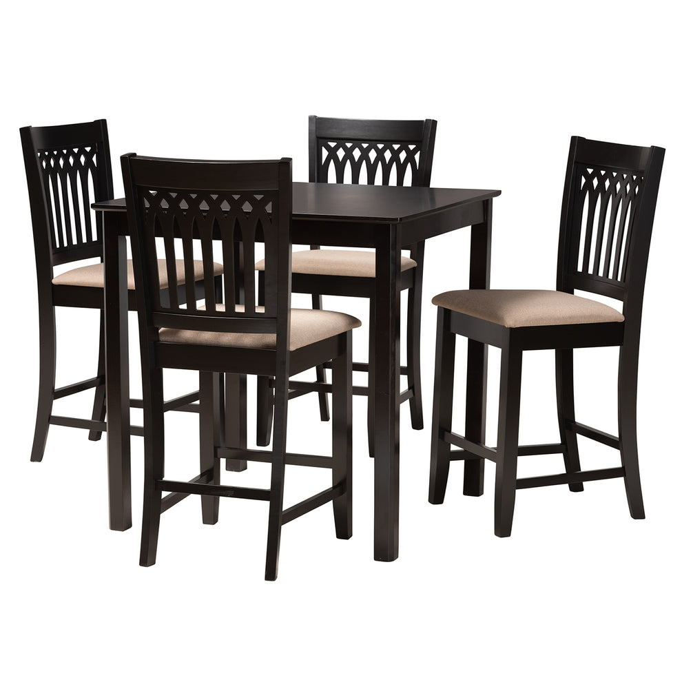 Baxton Studio Genesis Modern Beige Fabric and Dark Brown Finished Wood 5-Piece Pub Set | Bar Stools & Table | Modishstore - 4