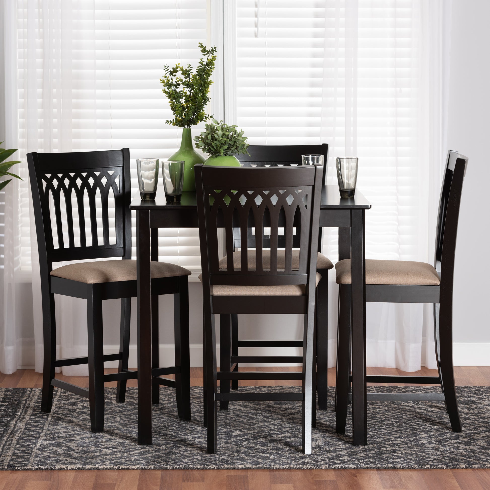 Baxton Studio Genesis Modern Beige Fabric and Dark Brown Finished Wood 5-Piece Pub Set | Bar Stools & Table | Modishstore