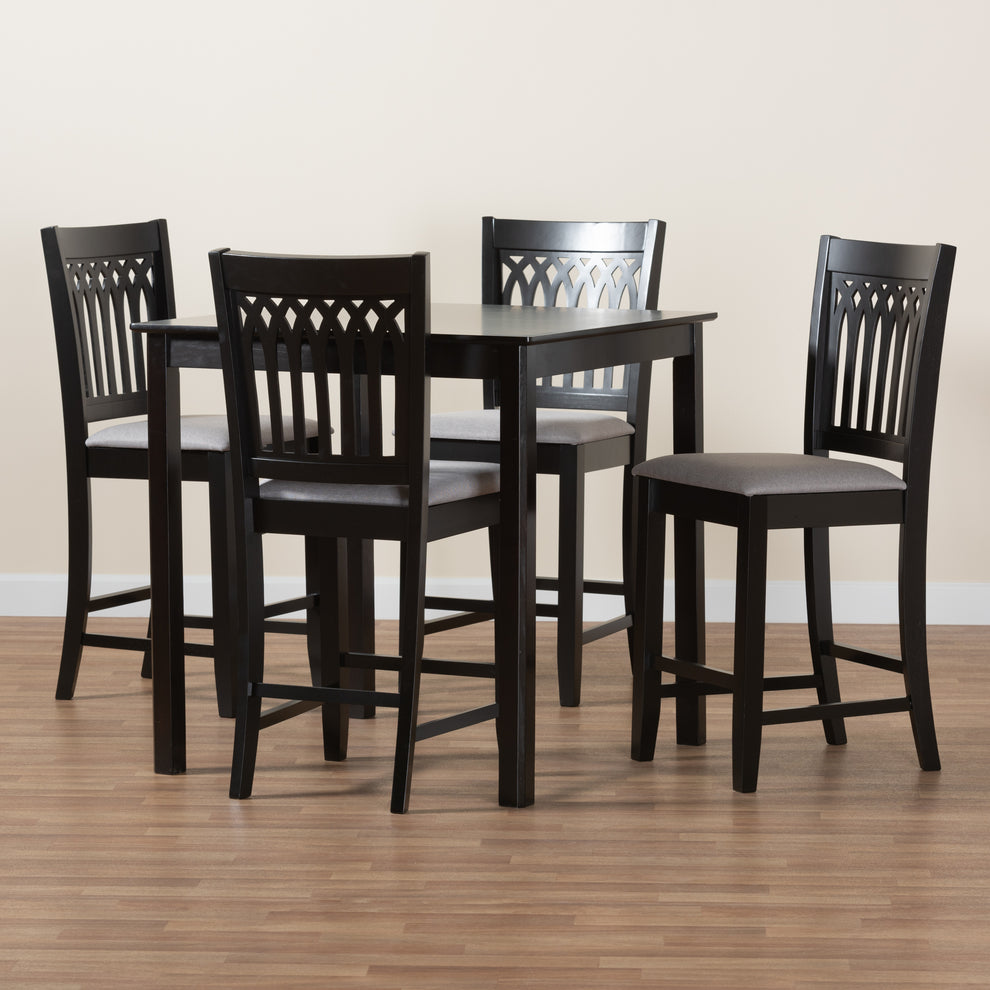Baxton Studio Genesis Modern Grey Fabric and Dark Brown Finished Wood 5-Piece Pub Set | Bar Stools & Table | Modishstore - 2